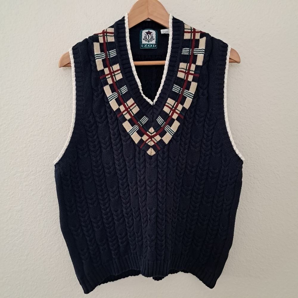 Vintage Izod Plaid Cable Knit V Neck Sweater Vest Blue Size XL Tenniscore